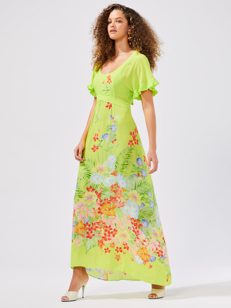 Abundant Blooms Backless Maxi Dress Chartreuse