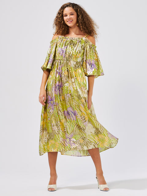 Tropical Hibiscus Off Shoulder Silk Lurex Midi Dress