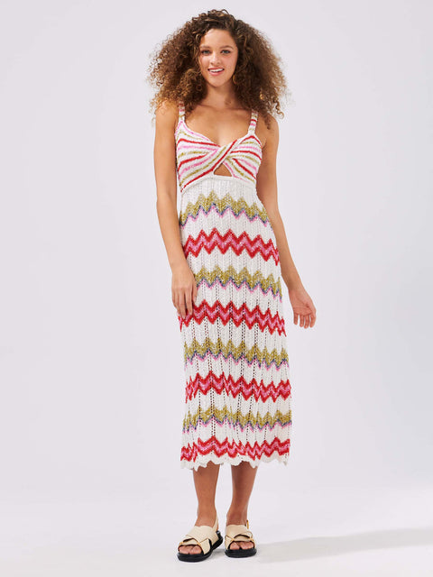 Zig-Zag Bouclé Twisted Bandeau Sundress White