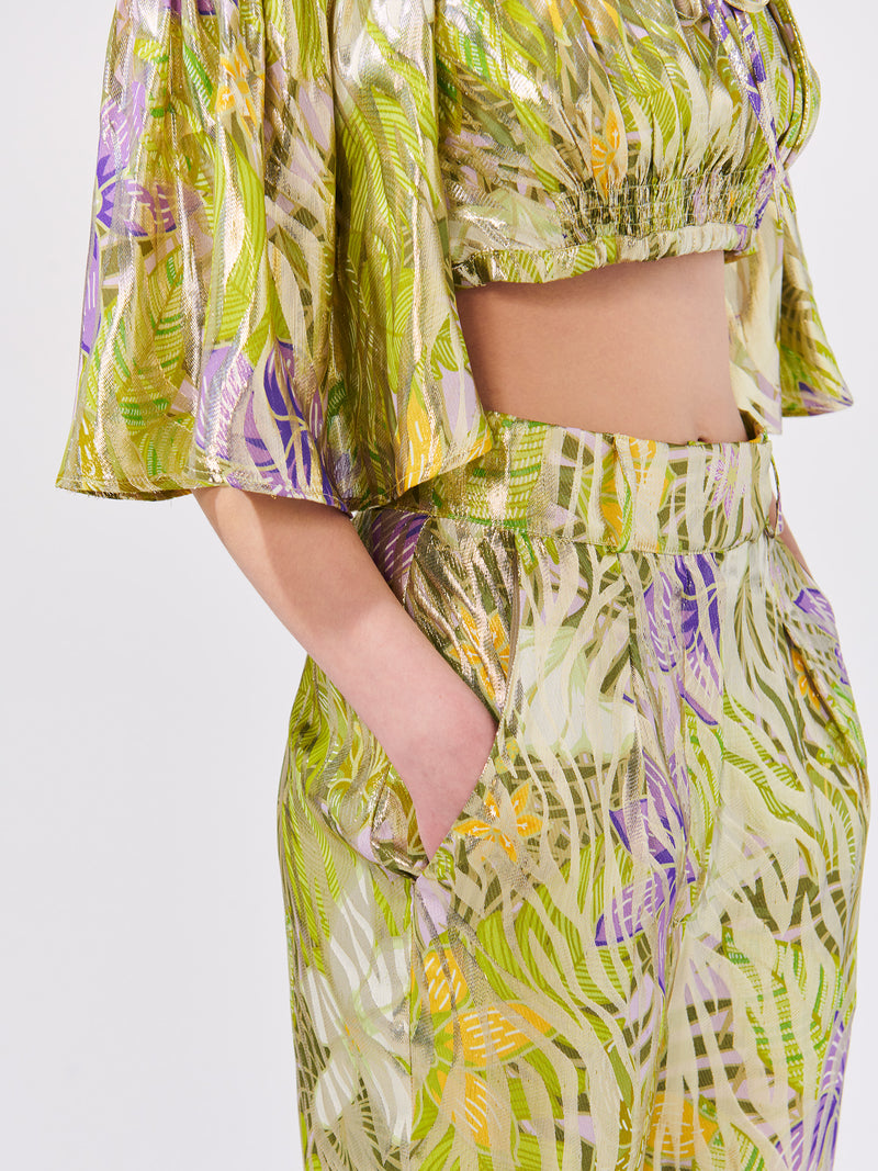 Tropical Hibiscus Silk Lurex Tailored Trousers