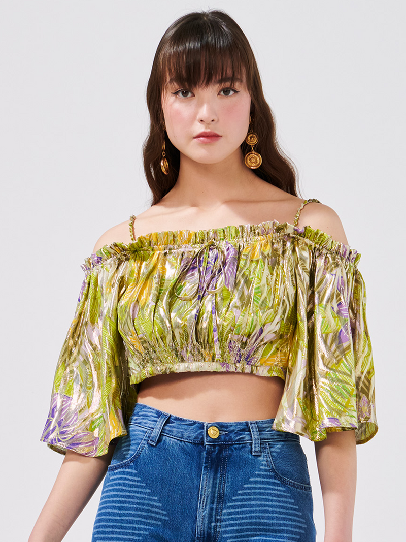 Tropical Hibiscus Off Shoulder Silk Lurex Crop Top