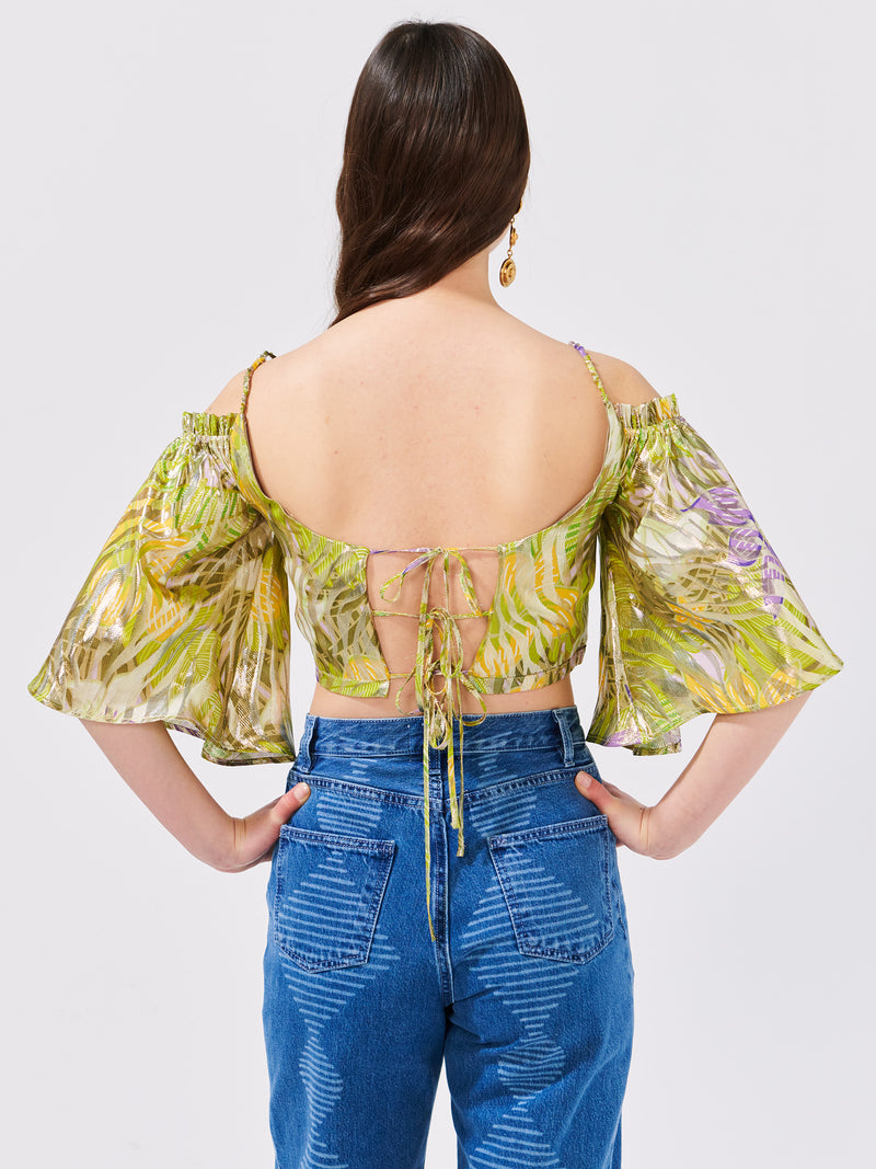 Tropical Hibiscus Off Shoulder Silk Lurex Crop Top