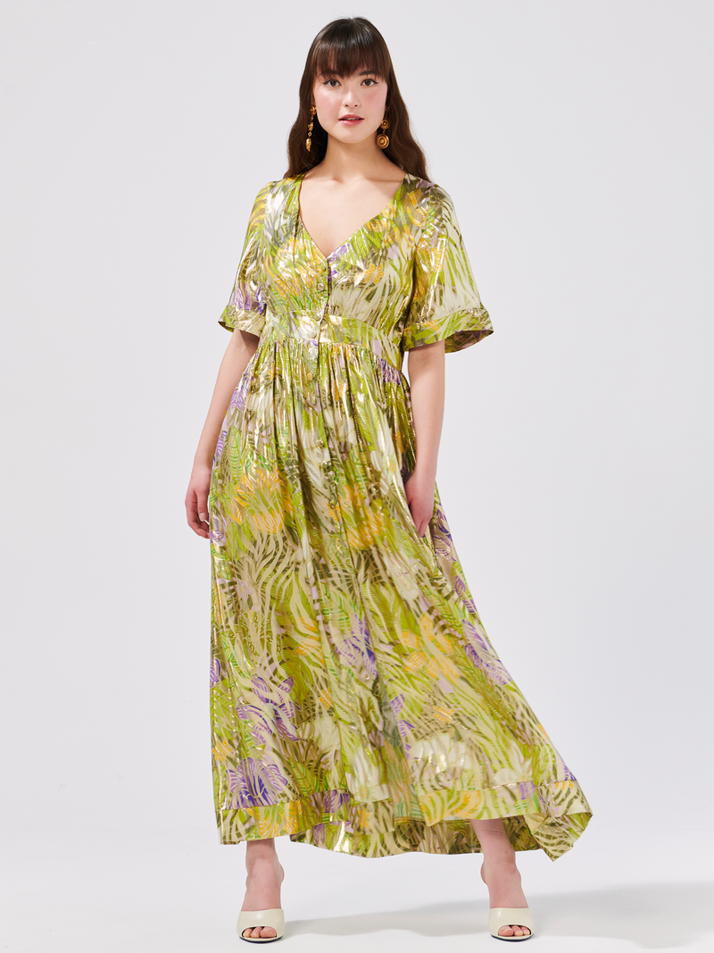 Tropical Hibiscus Silk Lurex Jacquard Maxi Dress