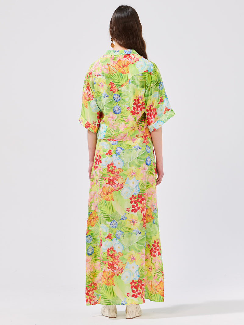Abundant Blooms Silk Maxi Skirt Chartreuse