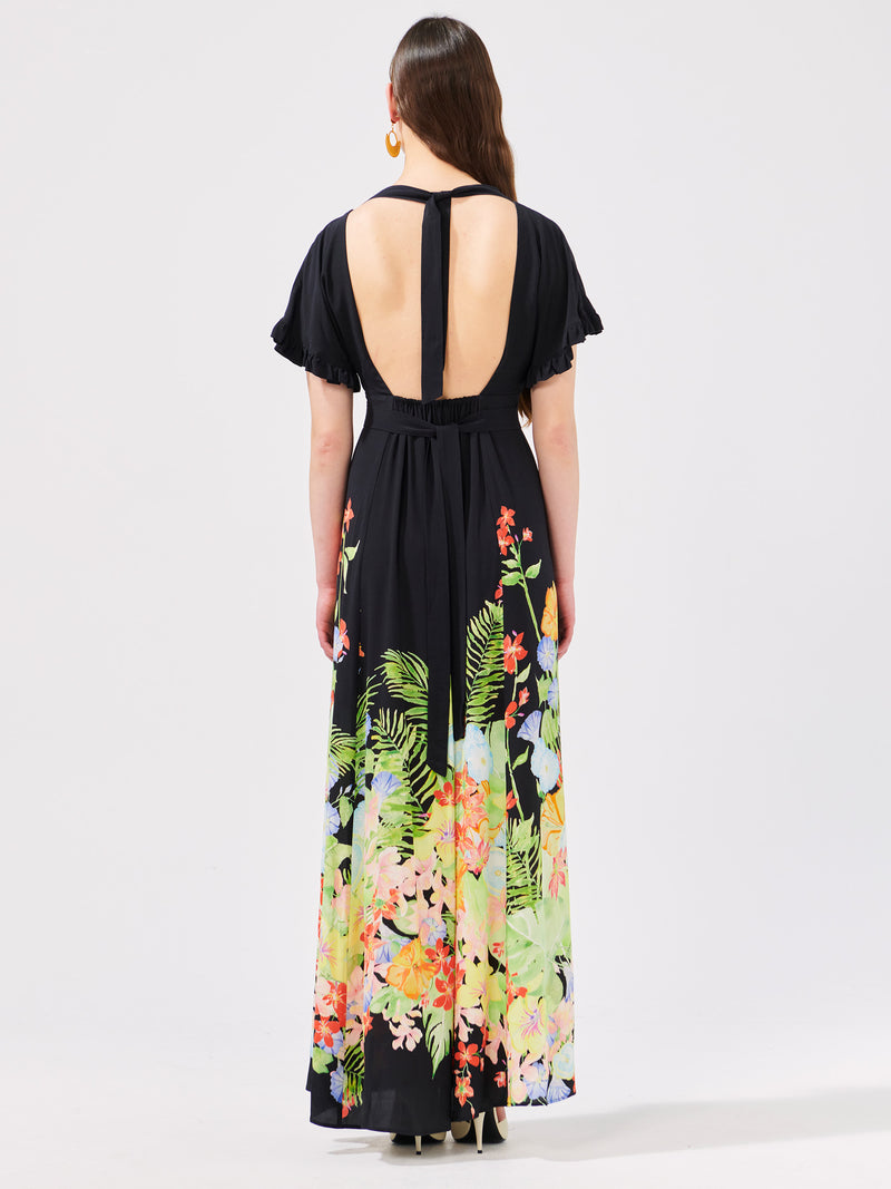 Abundant Blooms Backless Maxi Dress Black