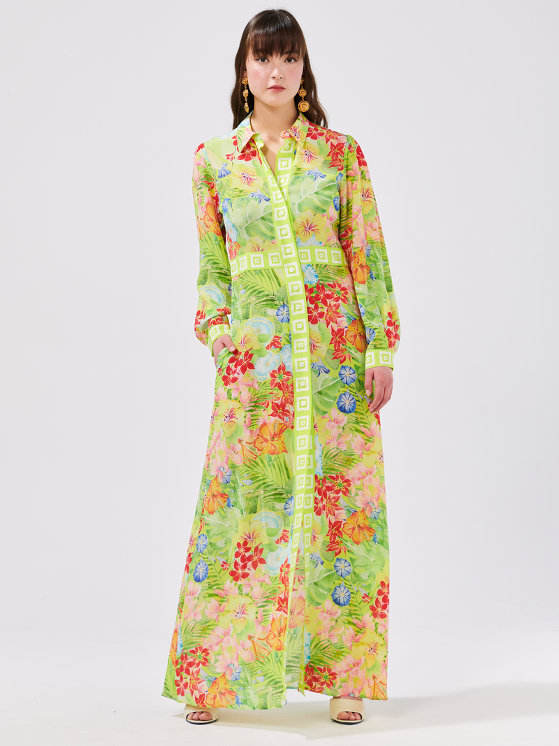 Abundant Blooms Silk Maxi Shirt Dress Chartreuse