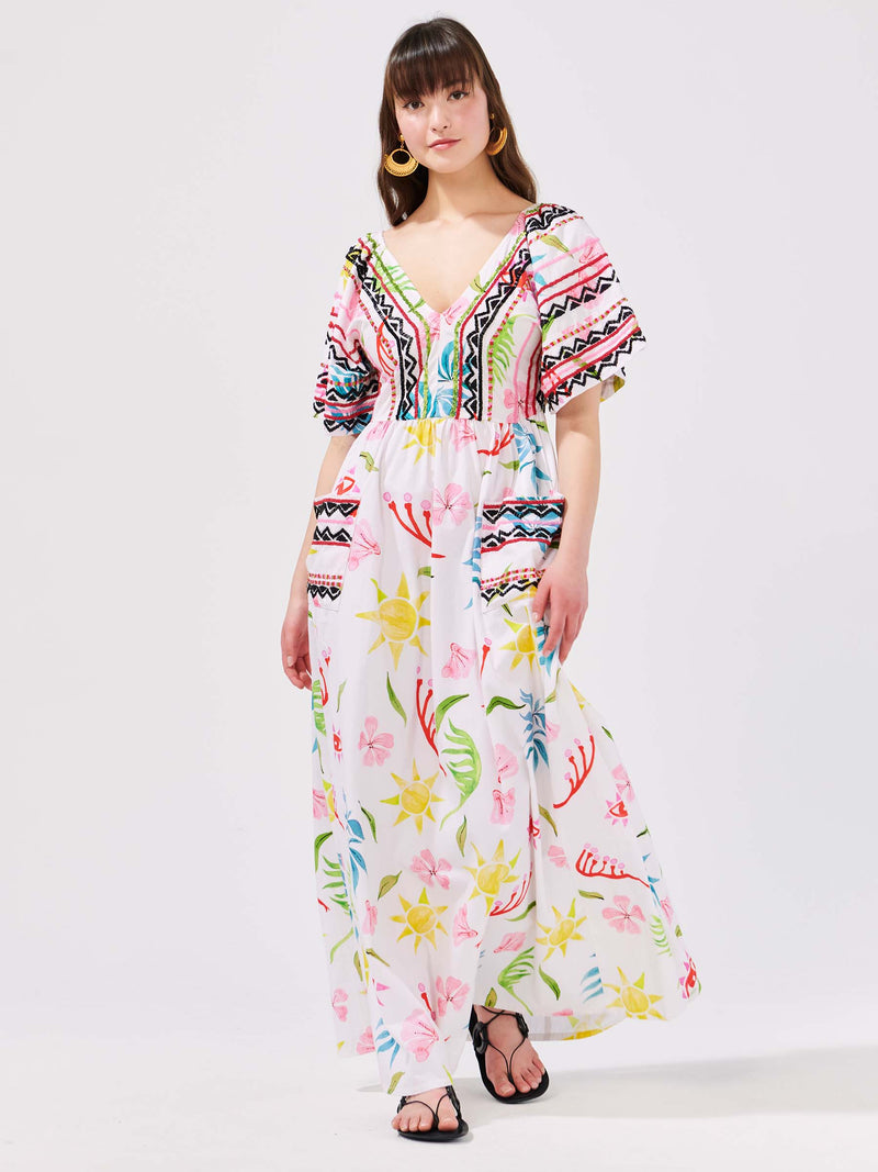 Sun Wink Embellished Kimono Sleeve Cotton Maxi Dress Flower