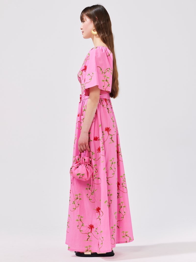 Birds Of Utopia Embroidered Kimono Sleeve Cotton Maxi Dress Pink
