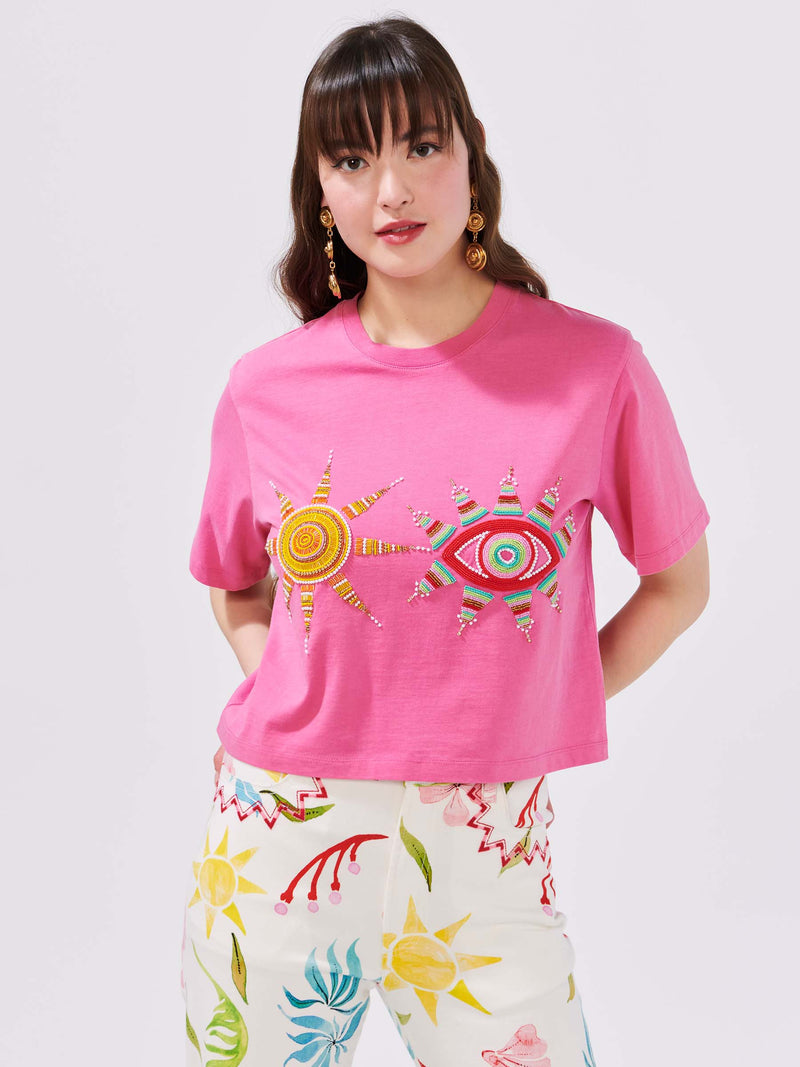 Sun Wink Embellished Cropped T-Shirt Acid Washed Pink