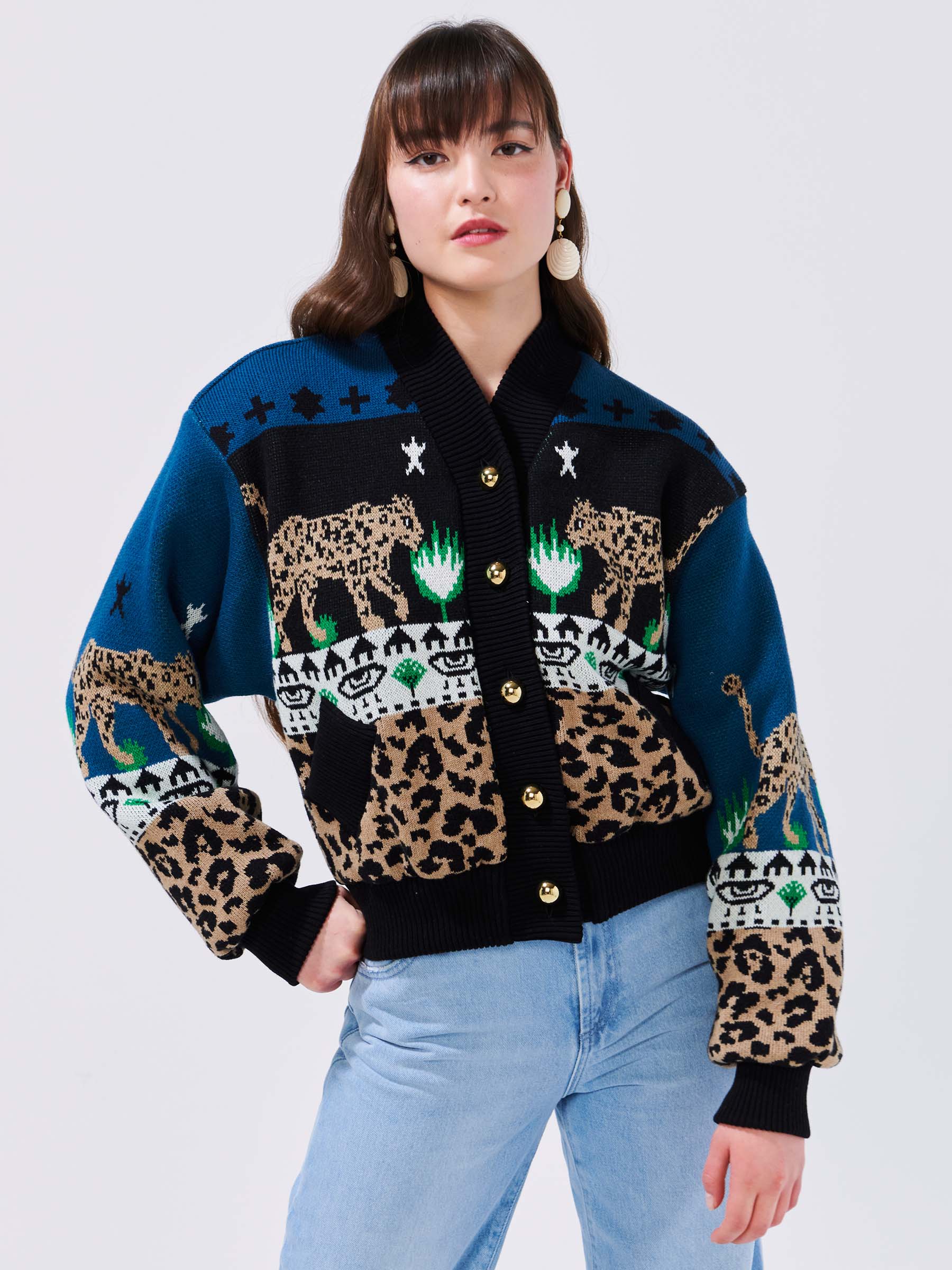 Leopardess Cotton Merino Bomber Jacket Blue/Black – Hayley Menzies