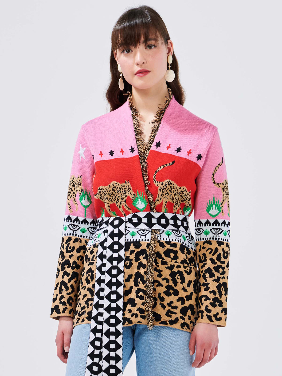 Leopardess Cotton Jacquard Cardigan Pink/Red Hayley Menzies