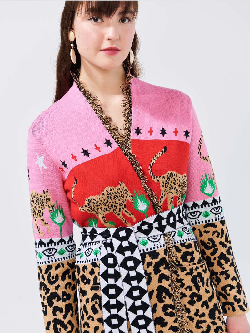 Leopardess Cotton Jacquard Cardigan Pink/Red Hayley Menzies