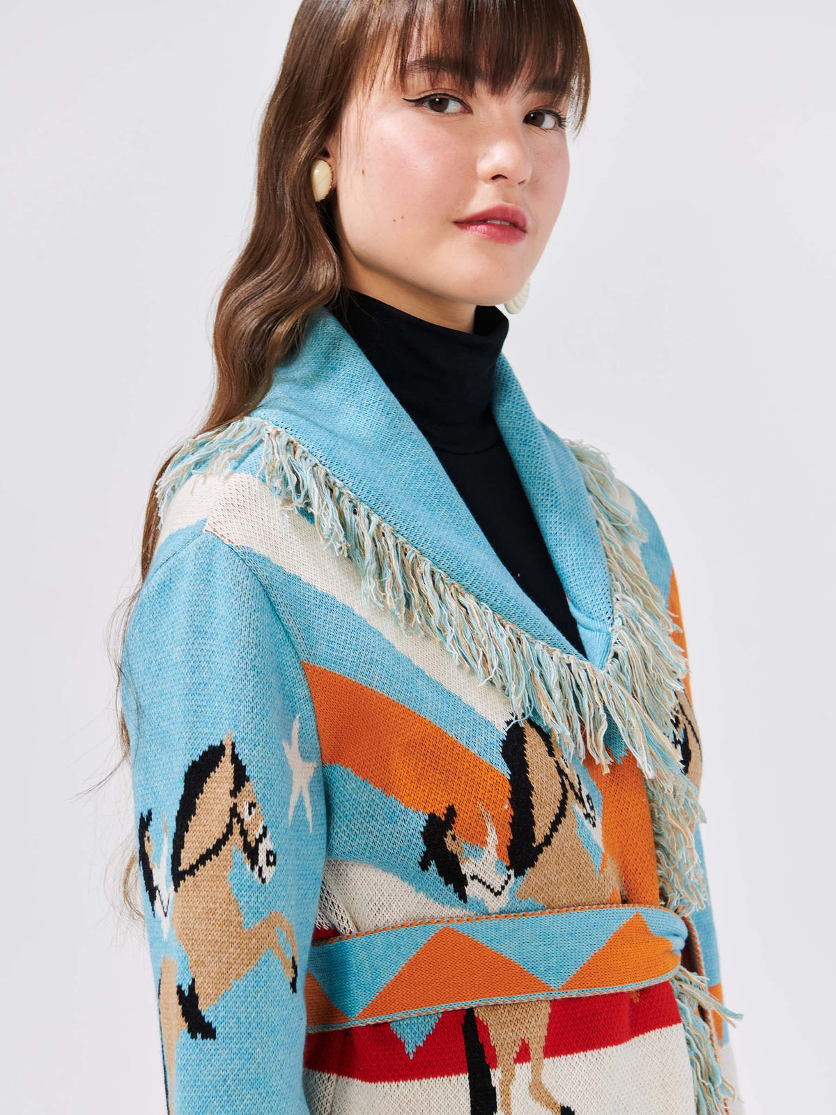 Sunrise Rodeo Merino Jacquard Cardigan Turquoise – Hayley Menzies