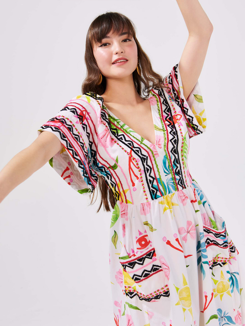 Sun Wink Embellished Kimono Sleeve Cotton Maxi Dress Flower